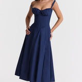 Robe Midi Femme à Bretelles Fines et Col Cœur