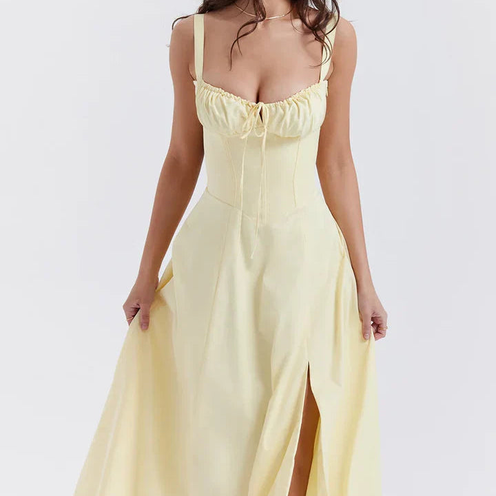 Robe Midi Femme à Bretelles Fines et Col Cœur