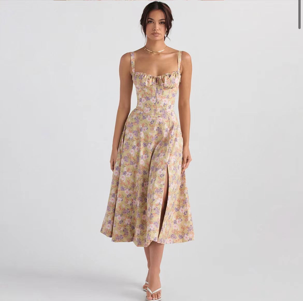 Robe Midi Femme à Bretelles Fines et Col Cœur