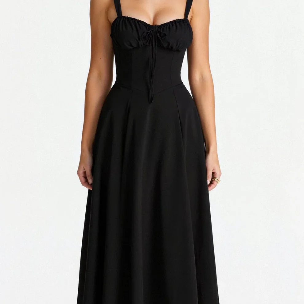 Robe Midi Femme à Bretelles Fines et Col Cœur