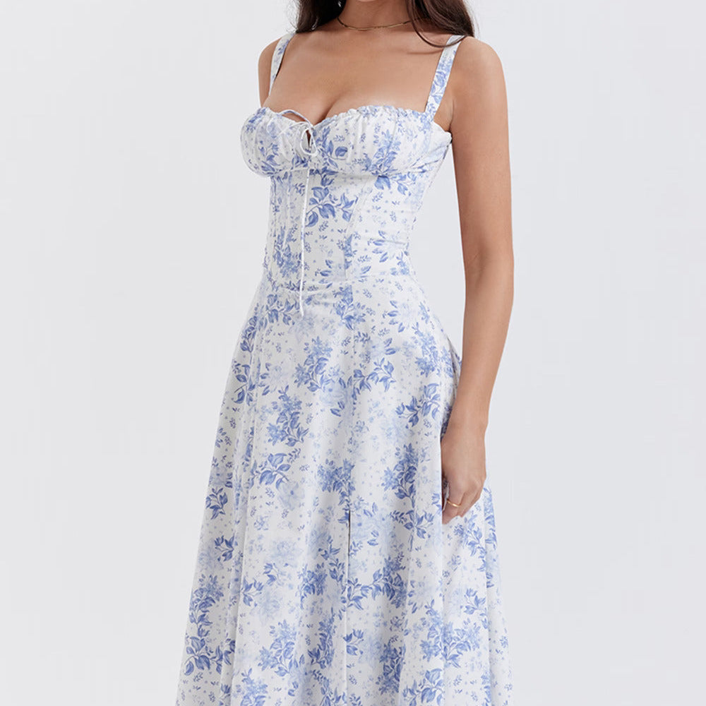 Robe Midi Femme à Bretelles Fines et Col Cœur