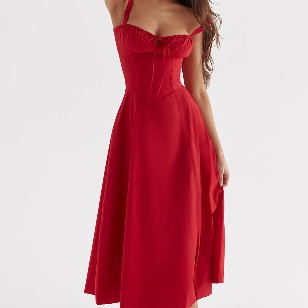 Robe Midi Femme à Bretelles Fines et Col Cœur