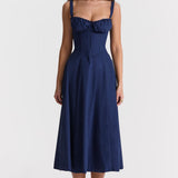 Robe Midi Femme à Bretelles Fines et Col Cœur
