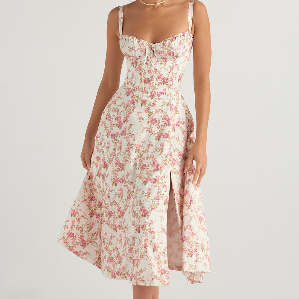 Robe Midi Femme à Bretelles Fines et Col Cœur