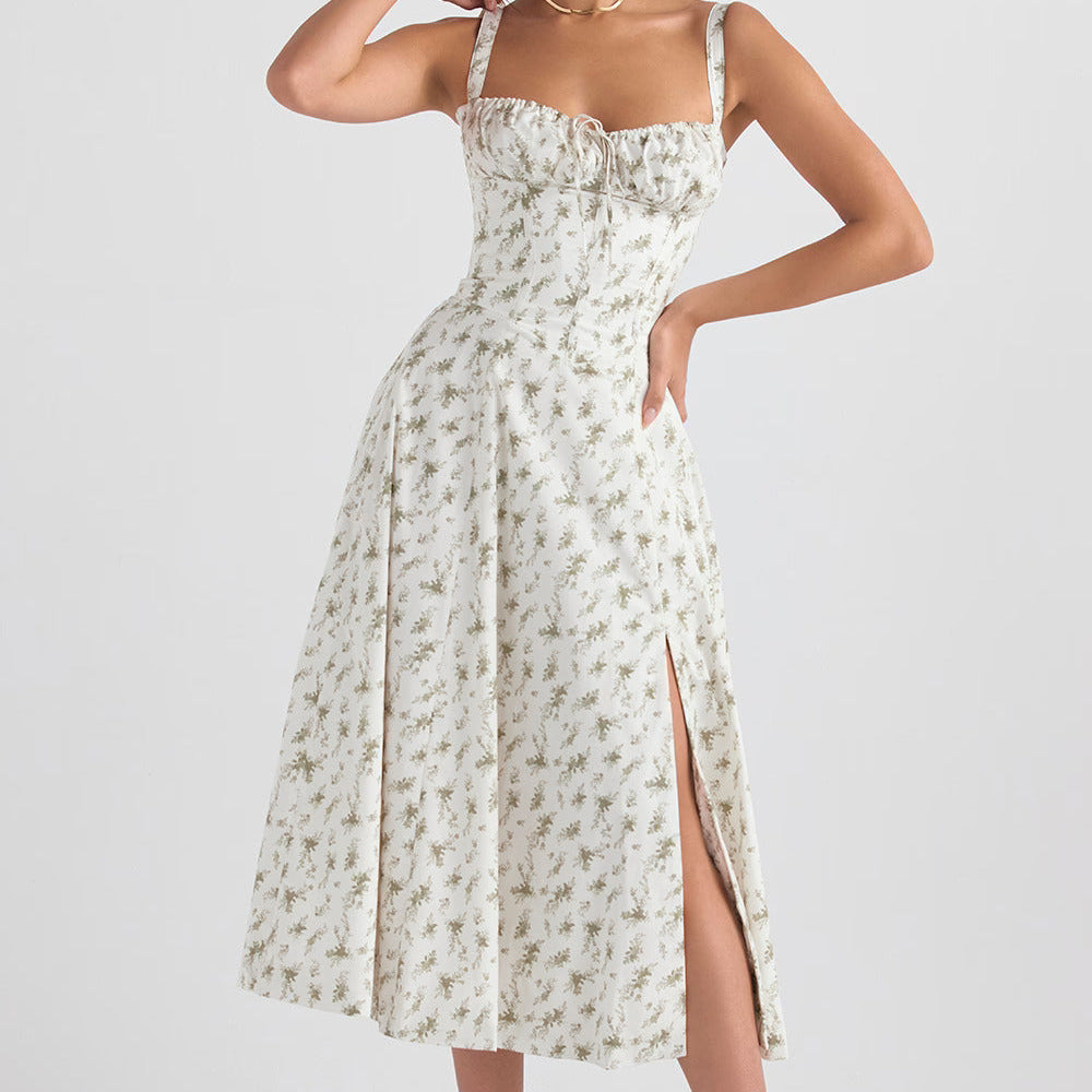 Robe Midi Femme à Bretelles Fines et Col Cœur