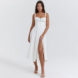Robe Midi Femme à Bretelles Fines et Col Cœur