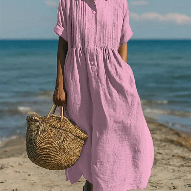Robe Chemise Midi à Taille Froncée
