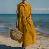 Robe Chemise Midi à Taille Froncée