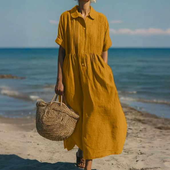 Robe Chemise Midi à Taille Froncée