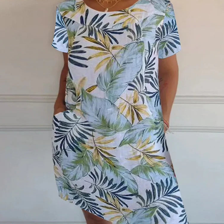 Robe Courte Imprimée à Col Rond