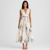Robe midi plissée à col V sans manches