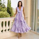 Robe midi plissée à col V sans manches