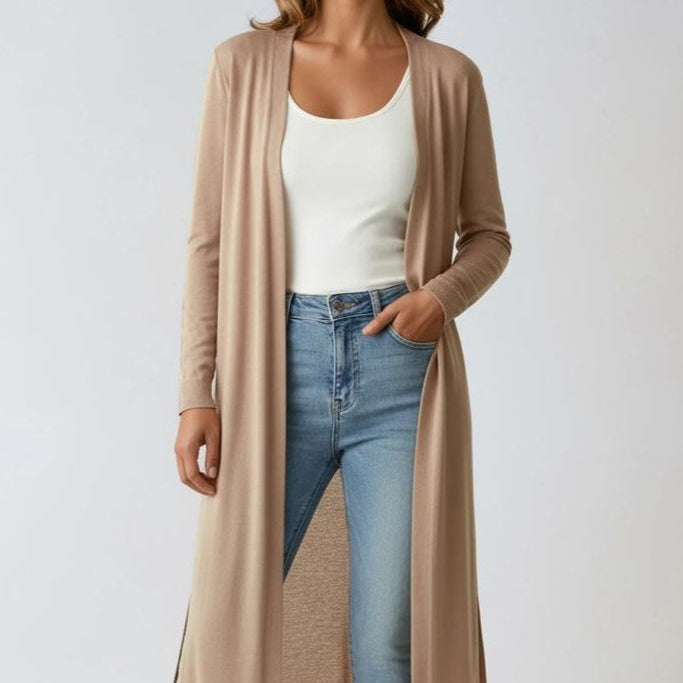 Gilet long ouvert femme en maille côtelée