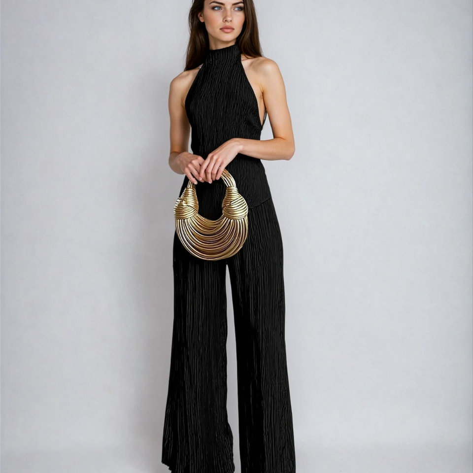 Ensemble deux pièces plissé dos nu et pantalon large