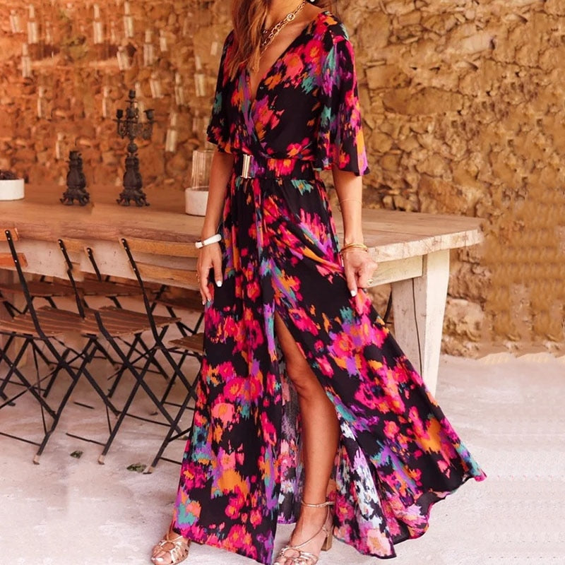 Robe Femme Bohème Longue – Robe Fleurie Fendue