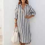 Robe Longue Femme Rayée Boutonnée à Col V