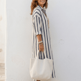 Robe Longue Femme Rayée Boutonnée à Col V