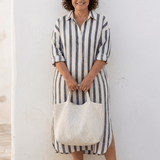 Robe Longue Femme Rayée Boutonnée à Col V