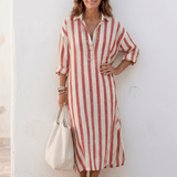Robe Longue Femme Rayée Boutonnée à Col V