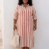 Robe Longue Femme Rayée Boutonnée à Col V