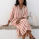 Robe Longue Femme Rayée Boutonnée à Col V