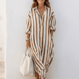 Robe Longue Femme Rayée Boutonnée à Col V