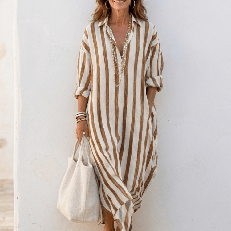 Robe Longue Femme Rayée Boutonnée à Col V