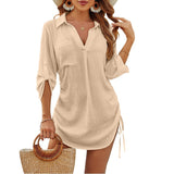 Robe Chemise Femme à Col V et Manches 3/4