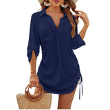 Robe Chemise Femme à Col V et Manches 3/4