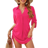 Robe Chemise Femme à Col V et Manches 3/4