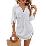 Robe Chemise Femme à Col V et Manches 3/4