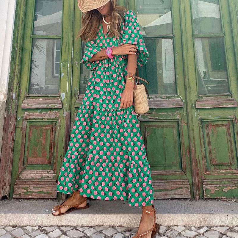 Robe Longue Bohème Imprimée Coupe Ample Manches 3 4 Chic