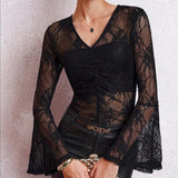 Blouse Dentelle Transparente Élégante Manches Évasées