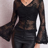 Blouse Dentelle Transparente Élégante Manches Évasées