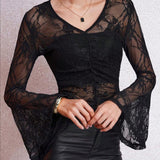 Blouse Dentelle Transparente Élégante Manches Évasées
