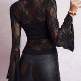 Blouse Dentelle Transparente Élégante Manches Évasées