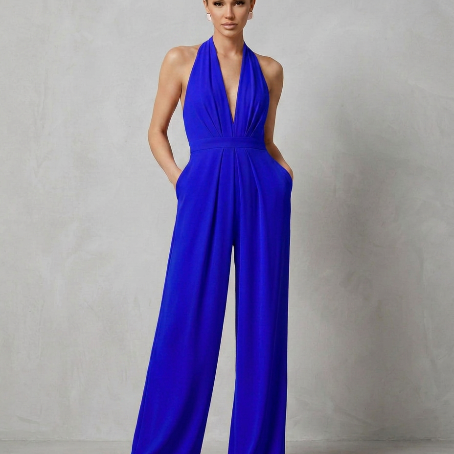 Combinaison femme dos nu à col halter et jambes larges