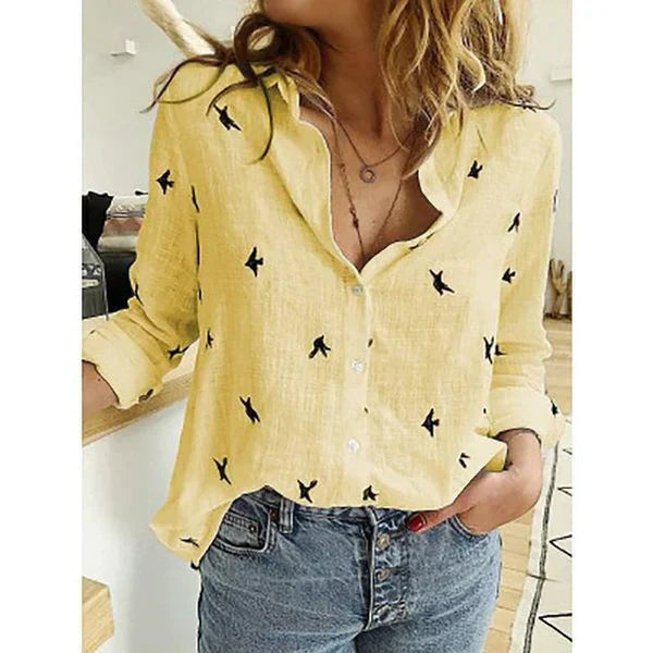 Blouse Imprimée Oiseaux Col V Manches Longues Chic