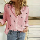 Blouse Imprimée Oiseaux Col V Manches Longues Chic