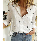 Blouse Imprimée Oiseaux Col V Manches Longues Chic