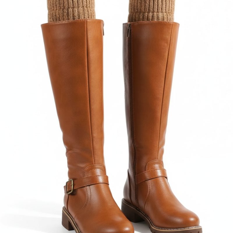 Bottes Hautes Cuir Boucle Talon Bas Style Classique Élégant