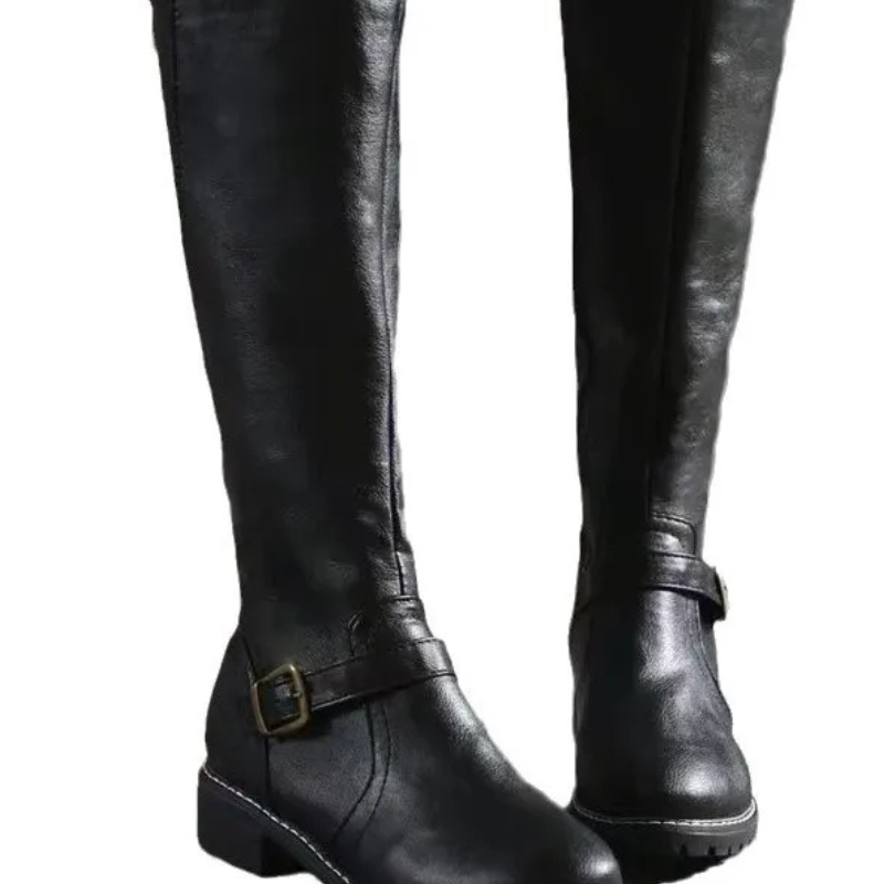 Bottes Hautes Cuir Boucle Talon Bas Style Classique Élégant