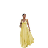 Robe longue plissée sans manches à col V pour femme