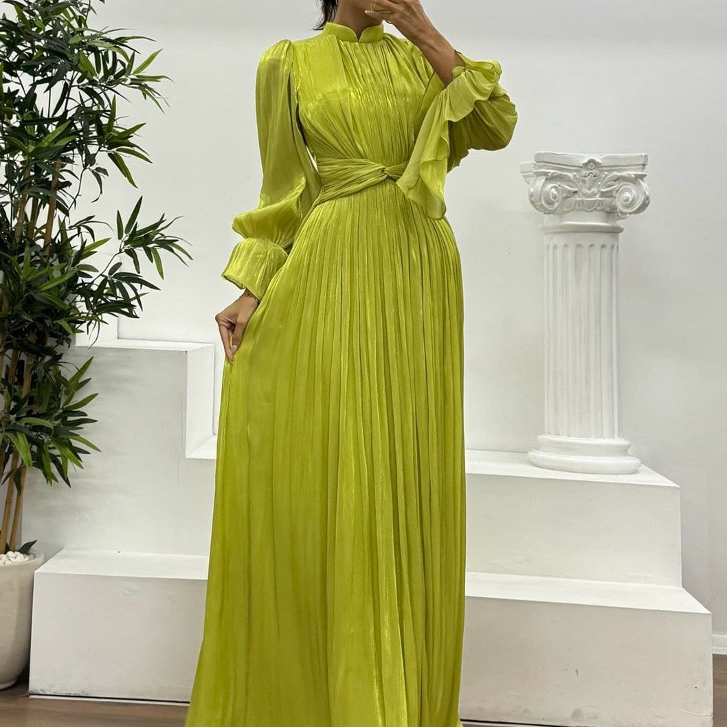 Robe longue plissée à manches bouffantes pour femme