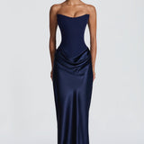 Robe Longue Satinée Bustier Drapée Élégance Luxe