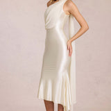 Robe Midi Satinée Asymétrique avec Écharpe Élégante