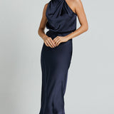 Robe Midi Satinée Col Drapé Élégance Moderne