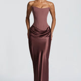 Robe Longue Satinée Bustier Drapée Élégance Luxe