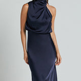 Robe Midi Satinée Col Drapé Élégance Moderne