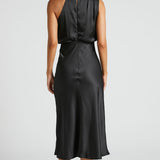 Robe Midi Satinée Col Drapé Élégance Moderne